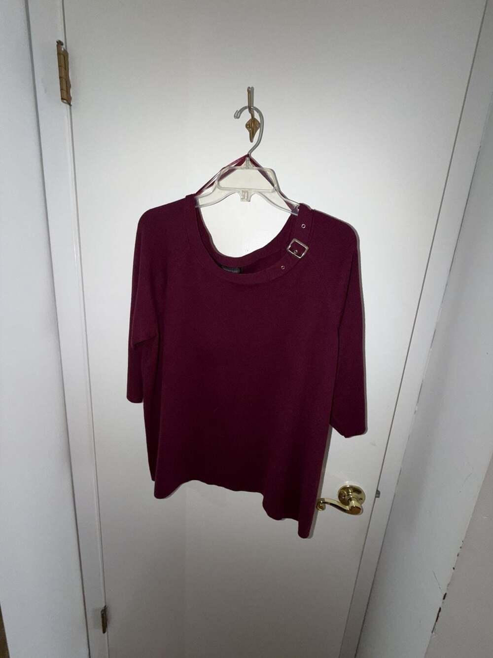 Avenue Burgundy Ribbed Knit 3/4 Sleeve Top with Shoulder Buckle Accent